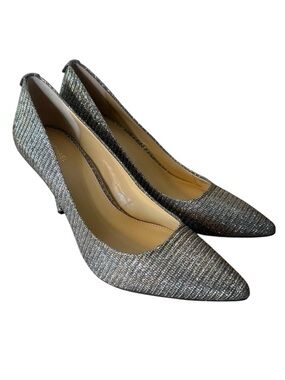 MICHAEL KORS Dorothy Flex Mid Pump Heels Metallic Glitter Silver KeKe Shiny Sz 9
